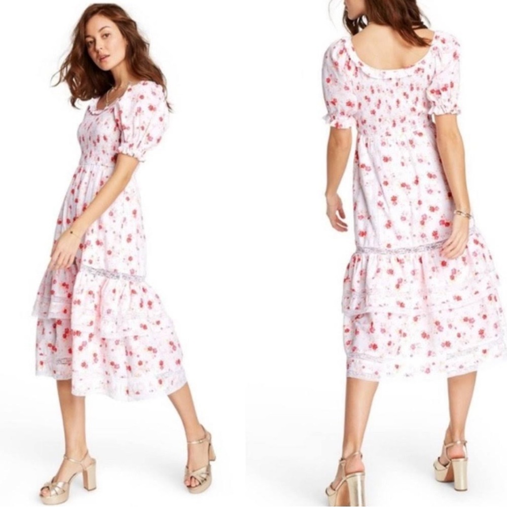 LoveShackFancy White Floral Midi Dress with Pink Roses